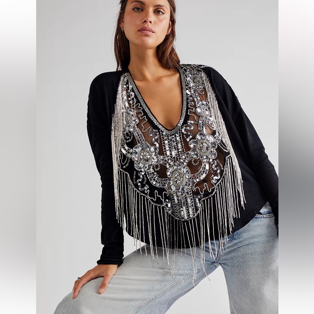 Free People Way Out Embellished Beaded Fringe Top xs